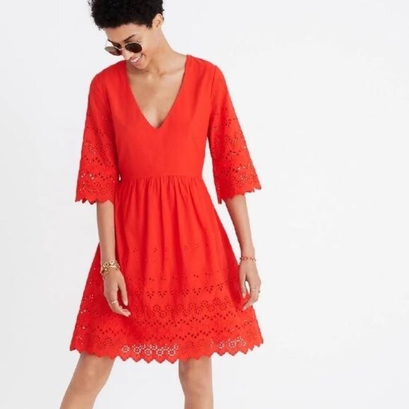 Madewell Eyelet Lattice Dress Peplum Eyelet V Neck Swing - Picture 1 of 10